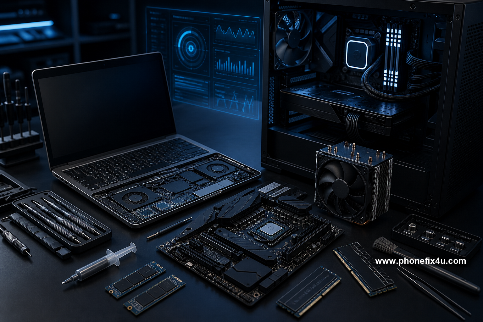 Realistic futuristic graphic of computer and laptop repair