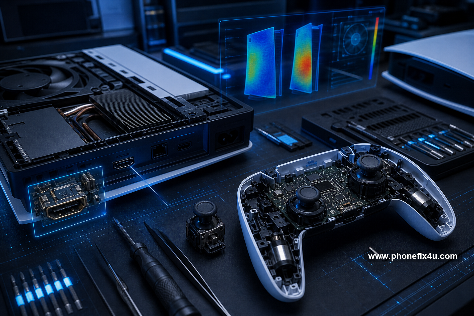 Realistic futuristic graphic of console and controller repair