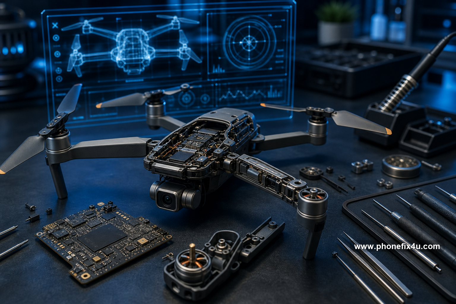Realistic futuristic graphic of drone repair and modernization