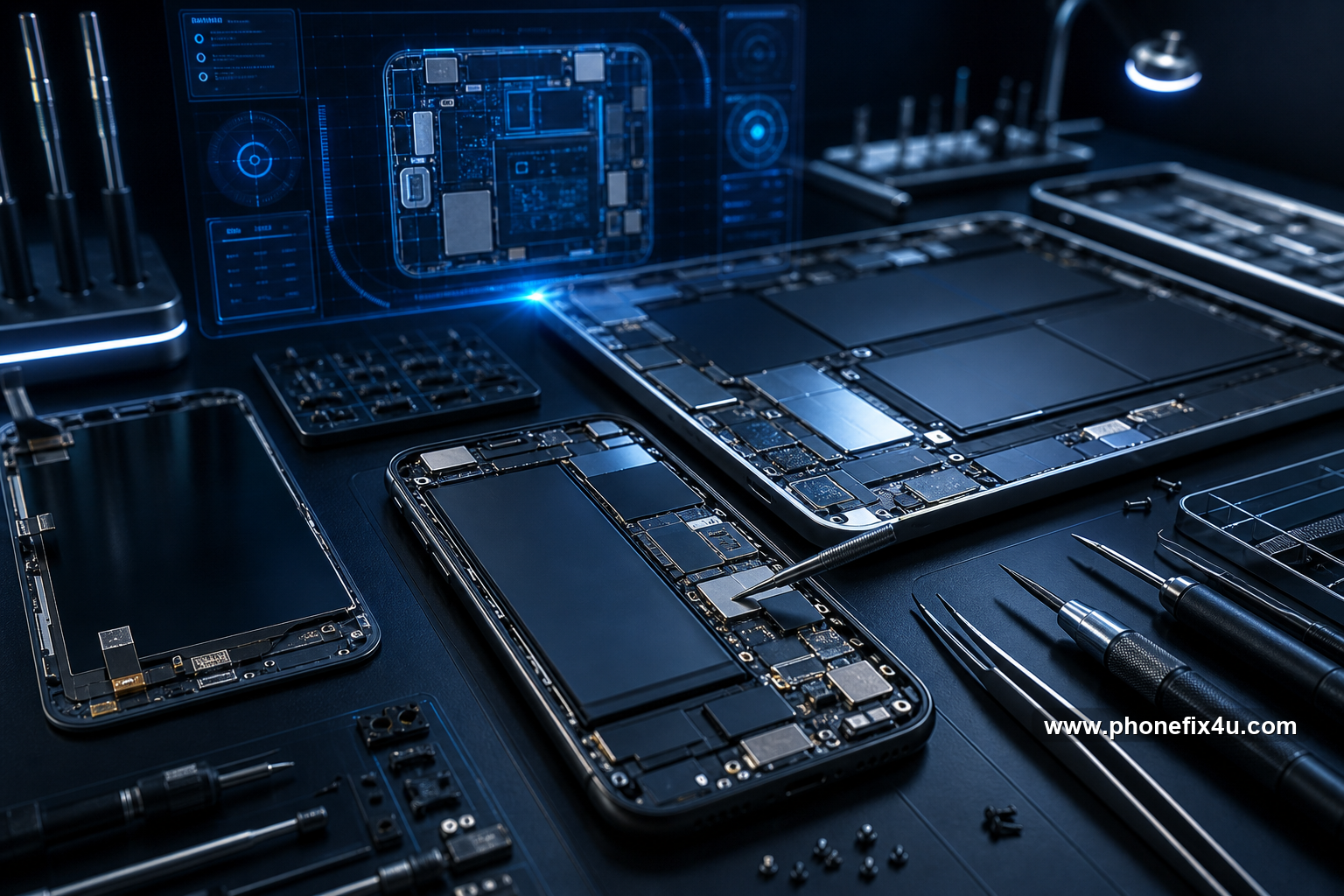 Realistic futuristic graphic of phone and tablet repair