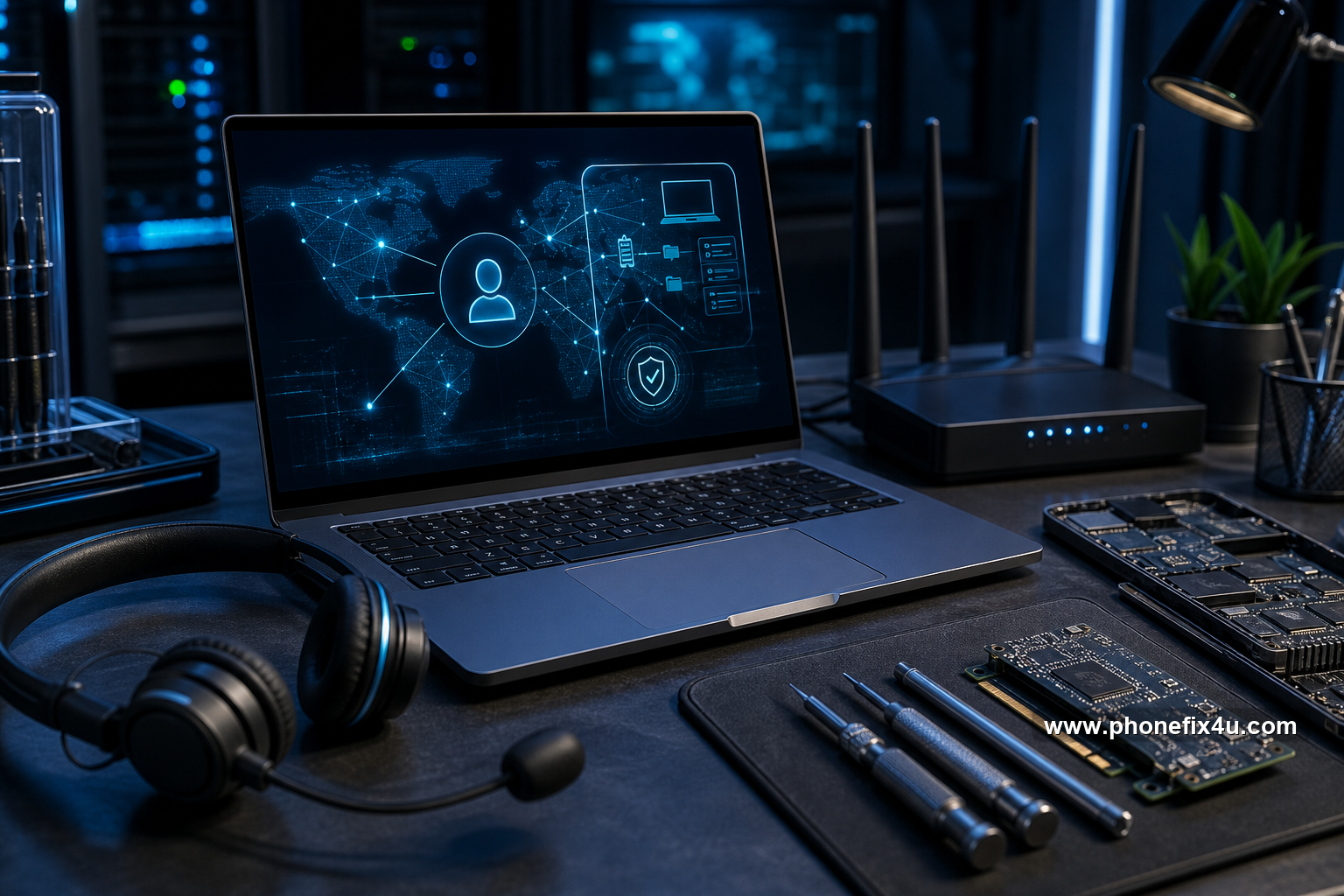 Realistic futuristic graphic of remote computer support