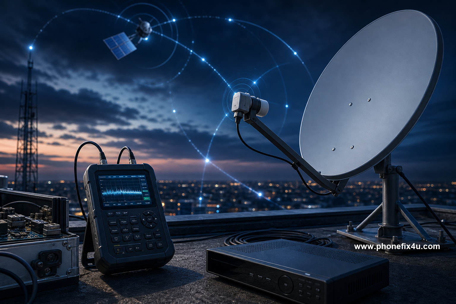 Realistic futuristic graphic of satellite dish setup